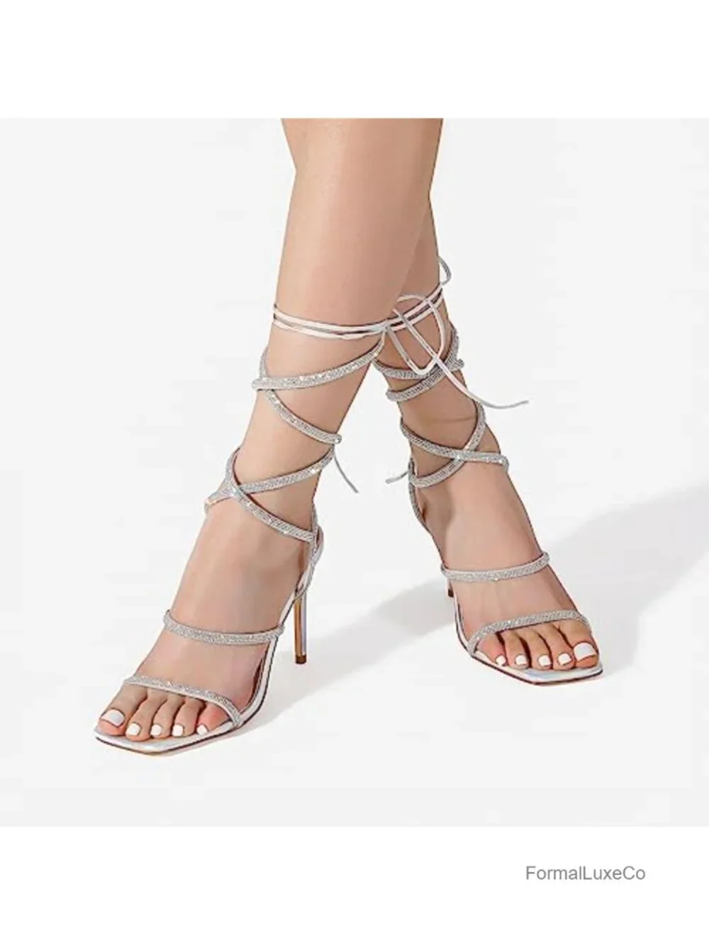Strappy Gladiator Square Toe Stiletto Heels Rhinestone Cushioned Insole